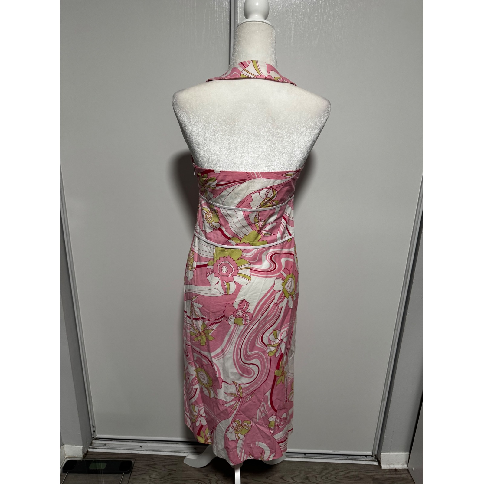Pink Floral Psychedelic Swirl Halter Midi Dress V-Neck Empire Waist Summer Boho — image 3 of 4